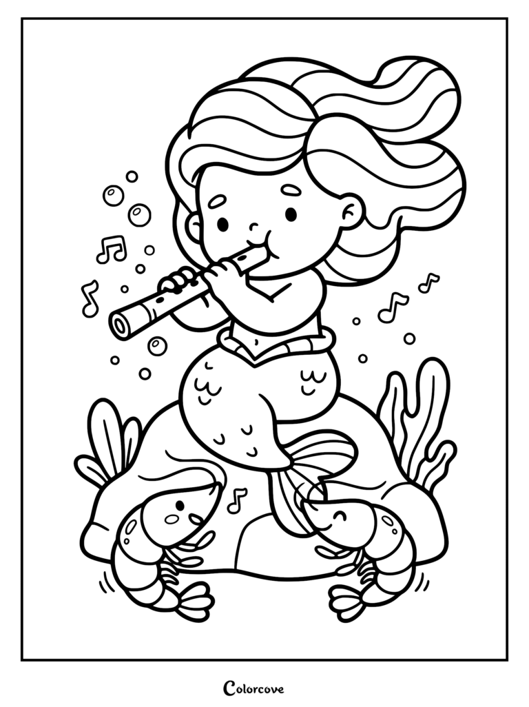 A cute mermaid sitting on a rock playing a flute surrounded by bubbles, musical notes, and two smiling shrimp in this printable coloring page.