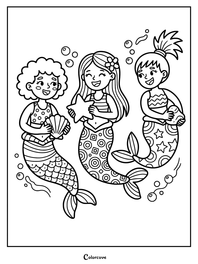 Three mermaids with distinct hairstyles holding a seashell, starfish, and rock in this underwater coloring page.