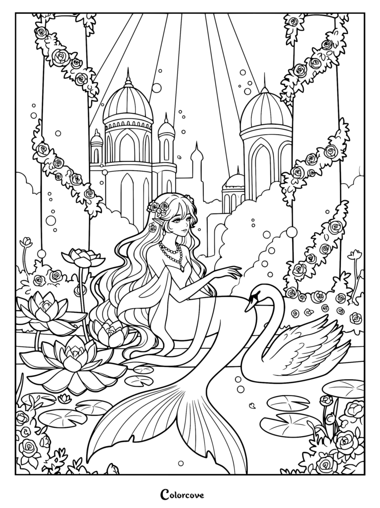 A mermaid with long flowing hair and a floral crown sitting by a swan in an underwater palace garden, printable coloring page.