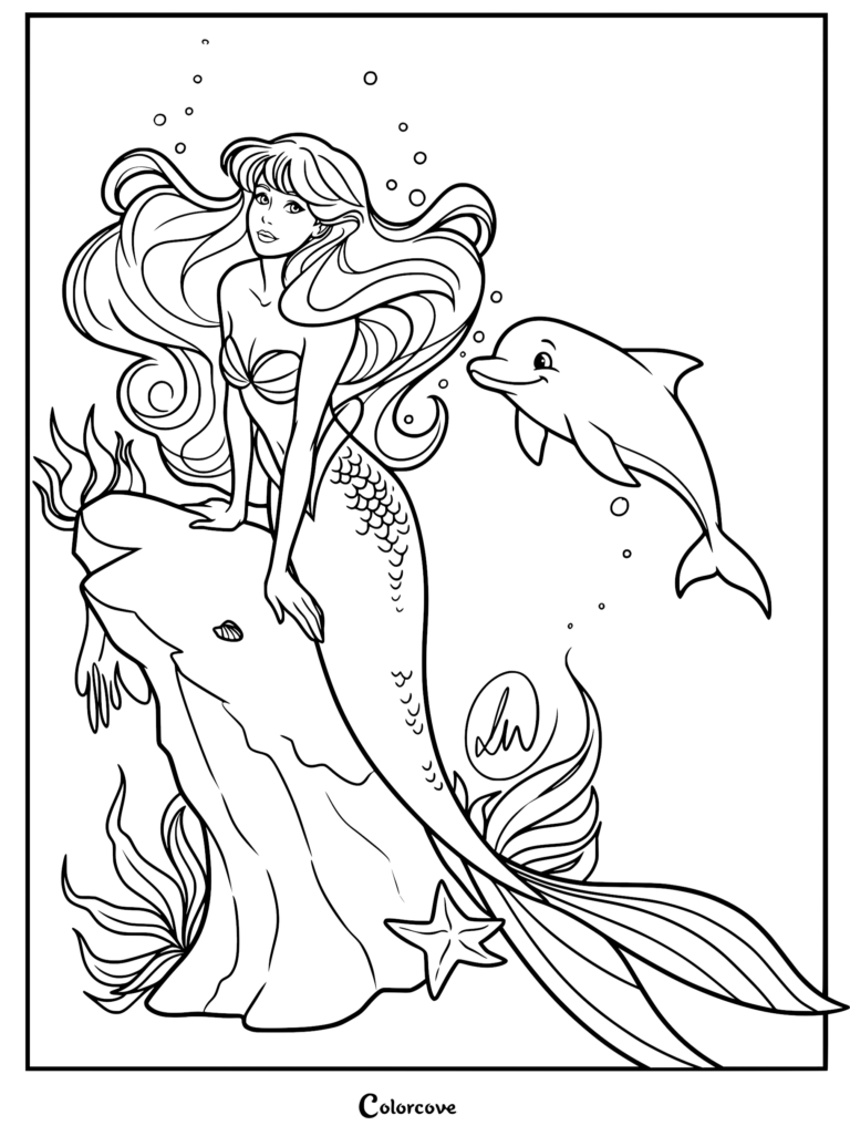 A cute princess mermaid with long flowing hair sitting on a rock with a friendly dolphin swimming nearby in this detailed coloring page.