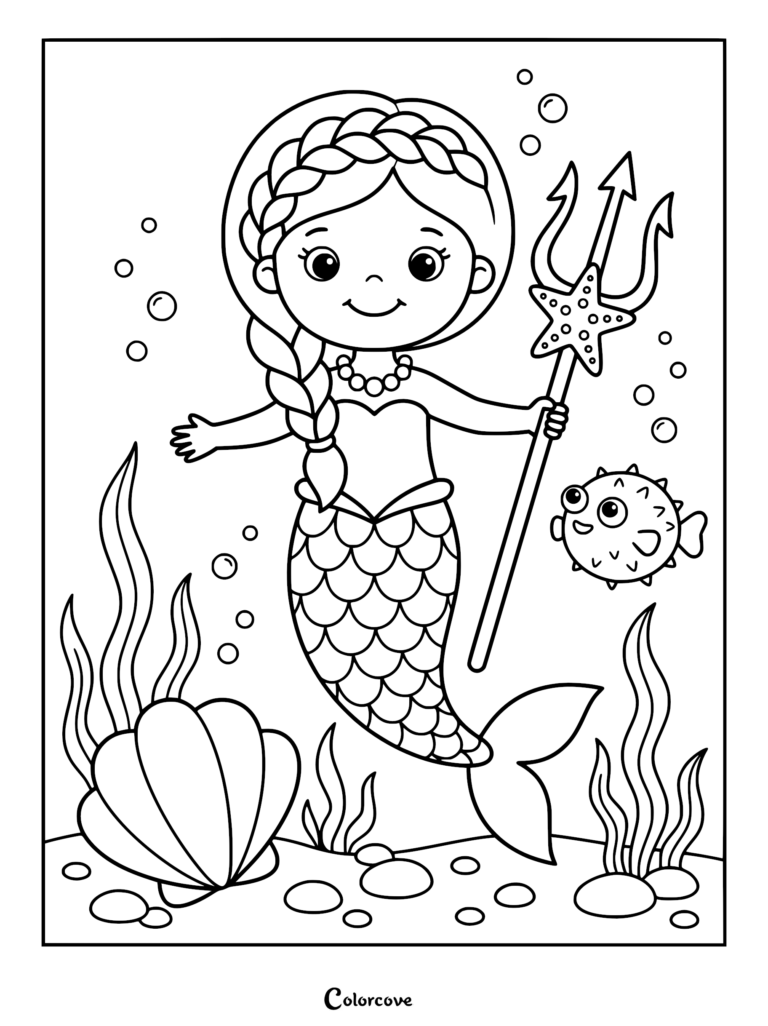 A cute mermaid with a braided hairstyle holding a starfish-adorned trident next to a smiling pufferfish in this underwater coloring page.