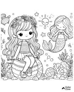 Coloring page featuring a girl with flower crown sitting on a ball and a mermaid in an underwater scene with seashells and plants.
