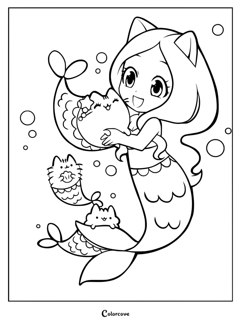 A mermaid girl with cat ears holding a Pusheen mermaid in this printable coloring page with two smaller Pusheen mermaids swimming nearby.