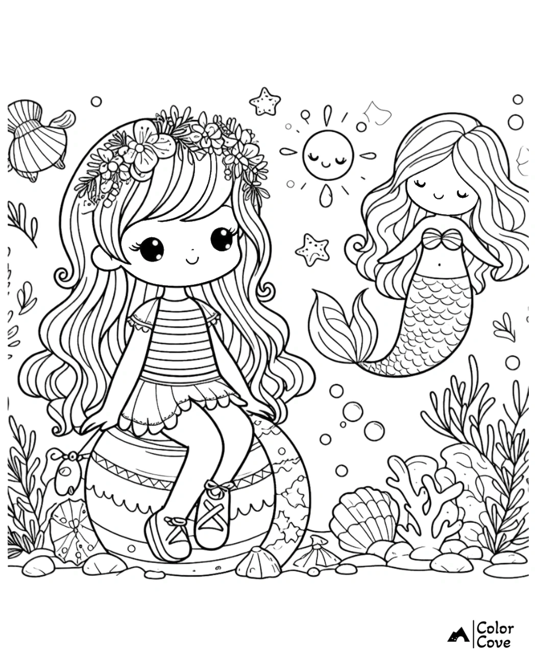 Coloring page featuring a girl with flower crown sitting on a ball and a mermaid in an underwater scene with seashells and plants.