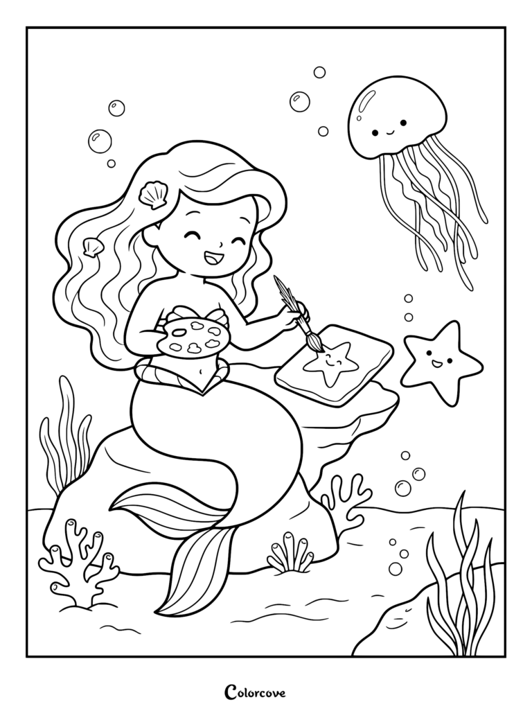 A cute mermaid sitting on a rock painting a starfish on a canvas, with a jellyfish and bubbles nearby in this coloring page.