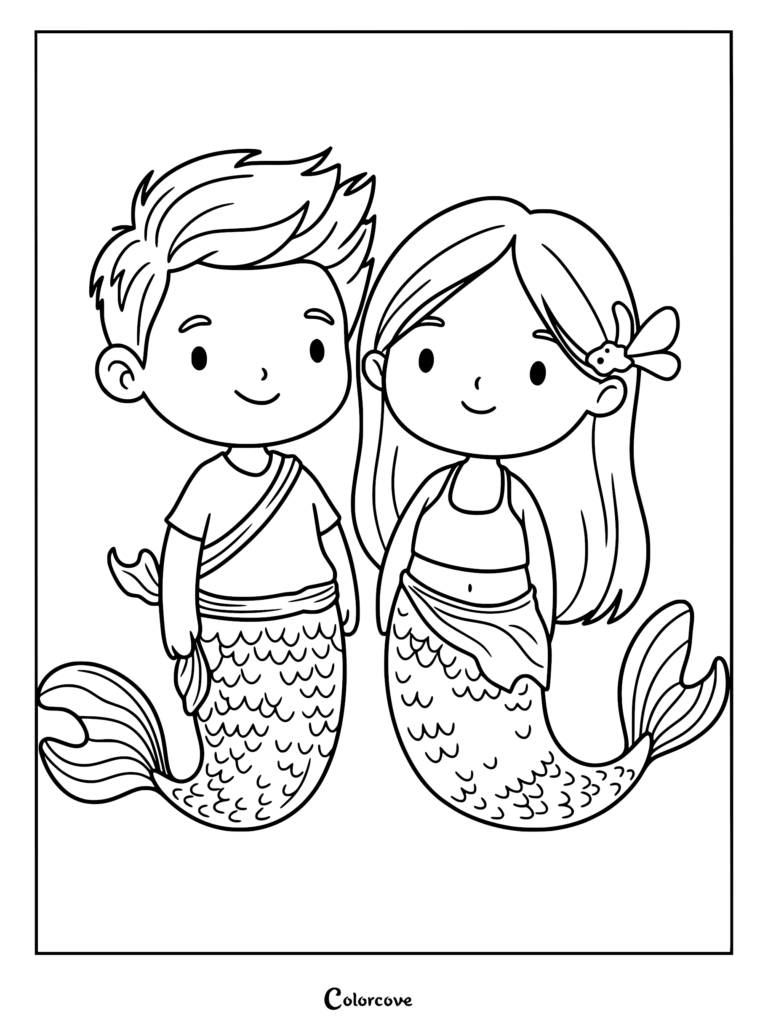 A cute boy merman with spiky hair and a girl mermaid with a flower in her hair standing side by side in this line art coloring page.