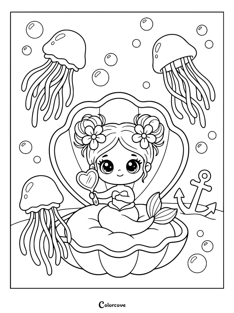 Cute mermaid with space buns holding a heart-shaped mirror inside a giant seashell, surrounded by jellyfish and an anchor in this printable coloring page.
