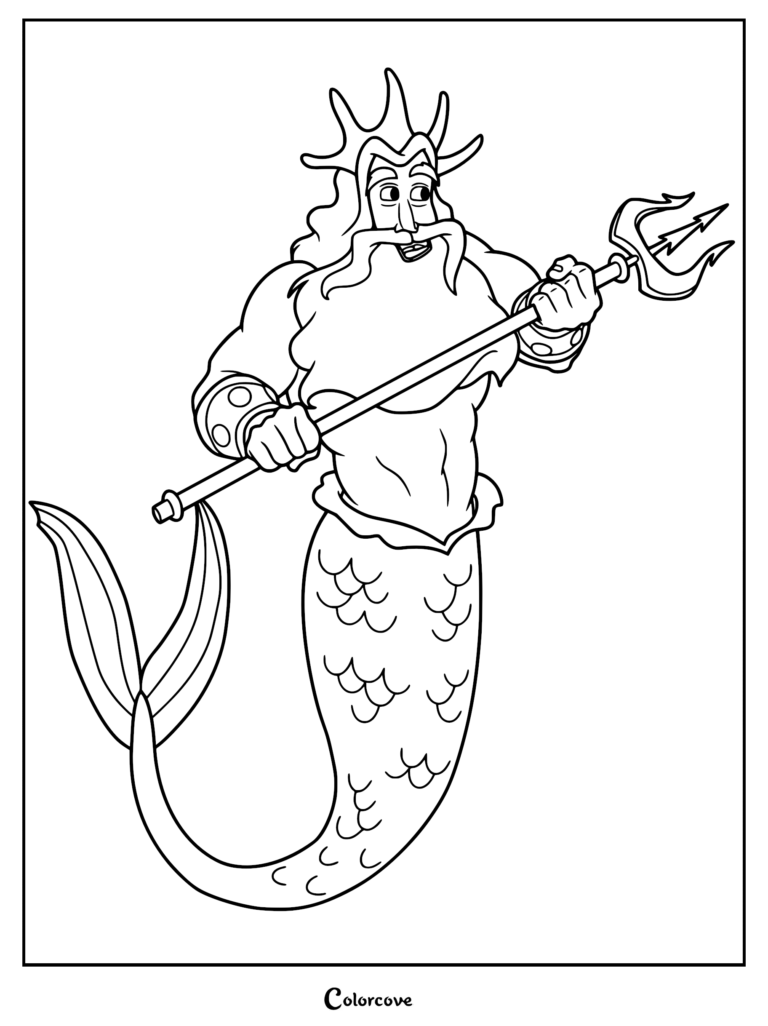 A powerful mermaid king wearing a crown and holding his golden trident in this printable mermaid coloring page.