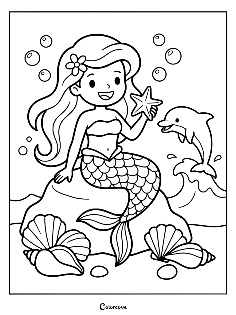A cute mermaid sitting on a rock holding a starfish with a jumping dolphin nearby in this printable coloring page.