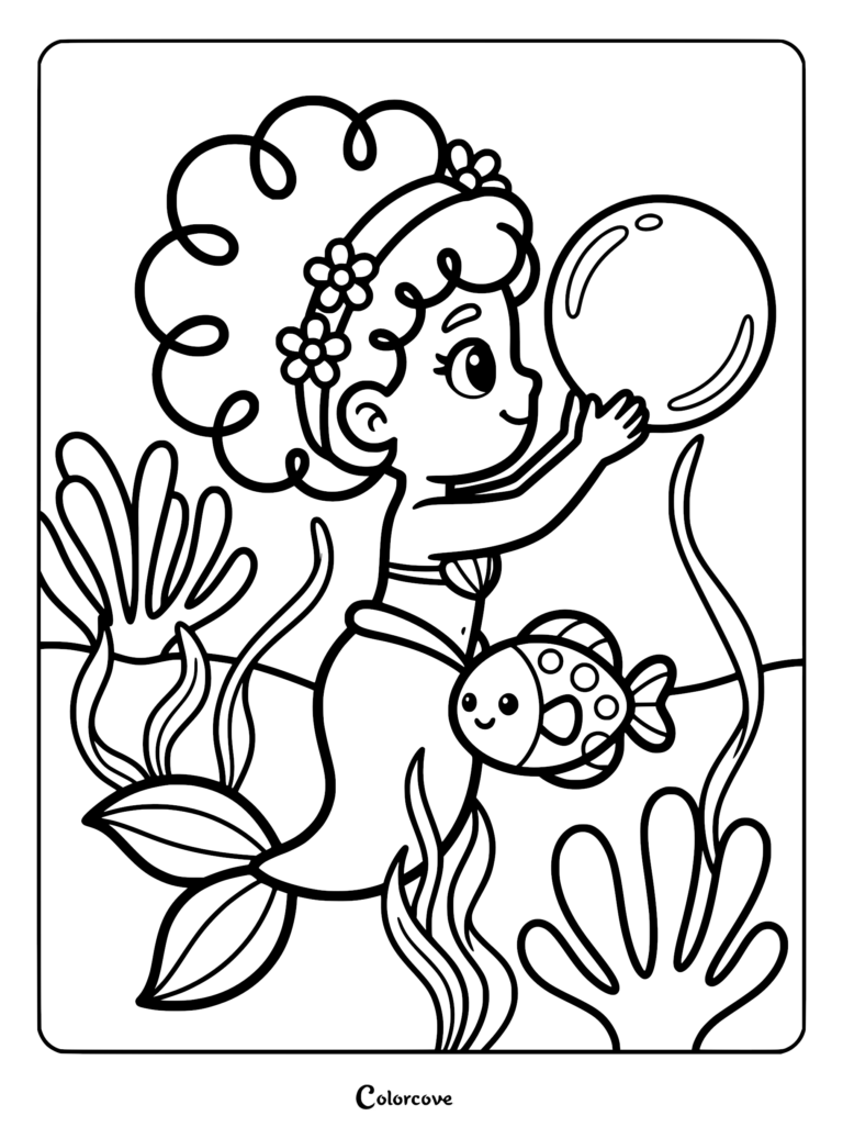 A cute mermaid with curly hair and a flower headband holding a large bubble with a small spotted fish swimming nearby in this printable coloring page.