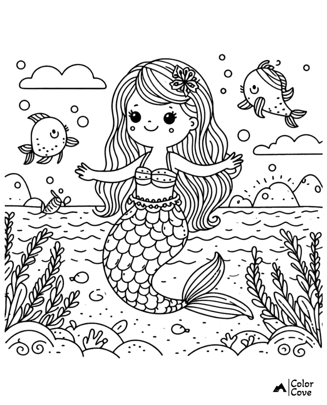 Cute mermaid coloring page for kids with underwater scene, fish, seaweed, and ocean waves. Perfect for creative fun.