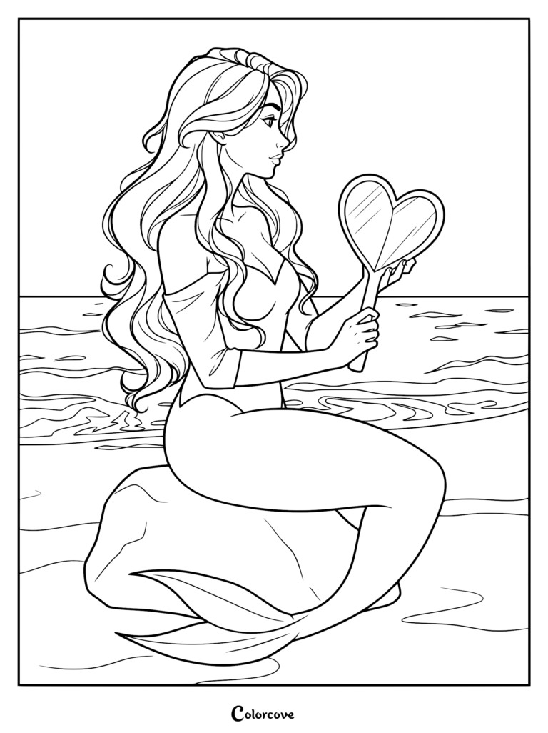 A mermaid with long flowing hair sitting on a rock by the ocean holding a heart-shaped hand mirror in this printable coloring page.