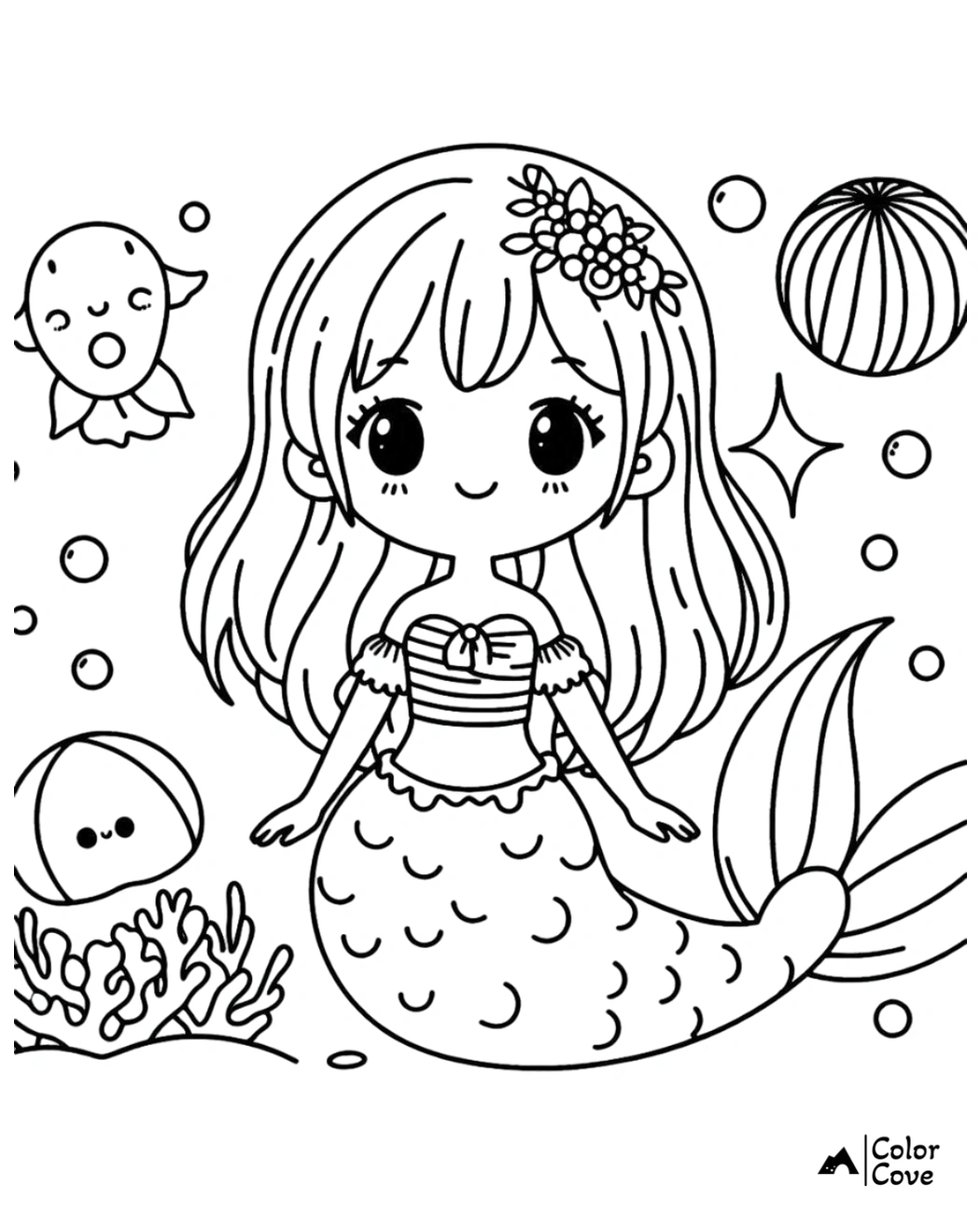 Cute mermaid coloring page with ocean friends, bubbles, and coral. Perfect for children's creativity and underwater fun.