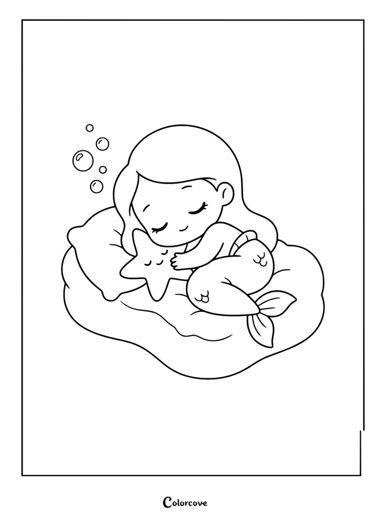 A cute chibi mermaid sleeping on a soft pillow while hugging a starfish, line art coloring page.