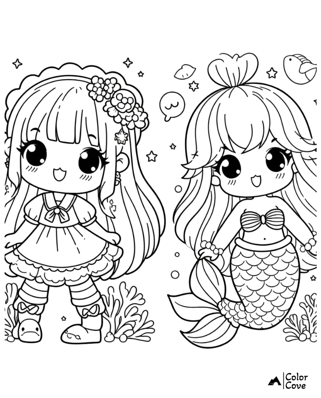 Cute coloring page with kawaii girl and mermaid, perfect for kids’ creative activities.