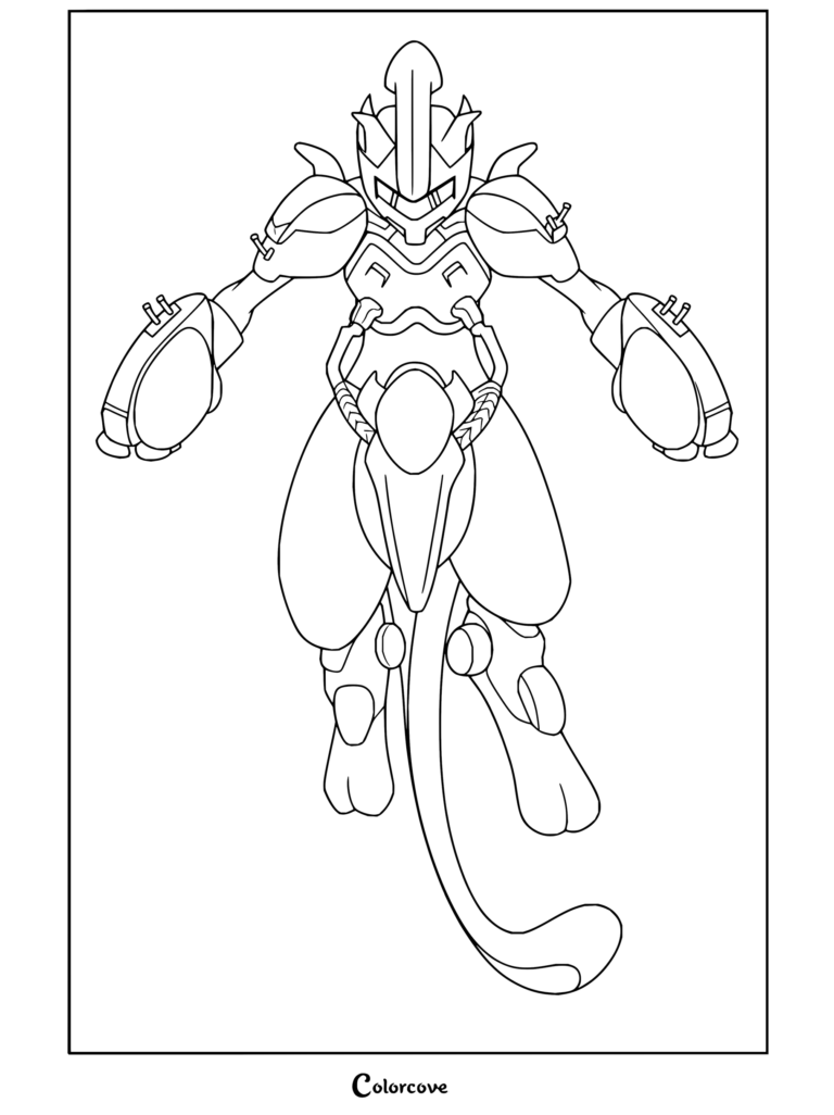 Coloriage à imprimer de Mewtwo en armure flottant au cœur d'une aura violette lumineuse.