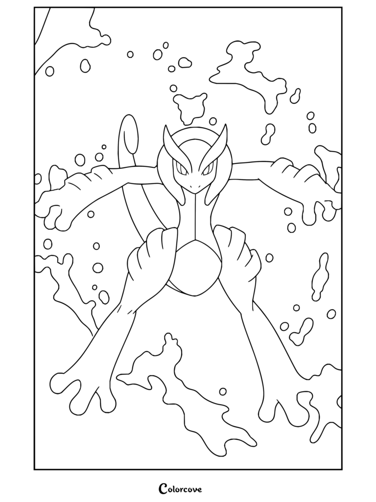 Coloriage de Méga-Mewtwo Y déployant ses pouvoirs psychiques dans l'espace, entouré d'énergie cosmique.