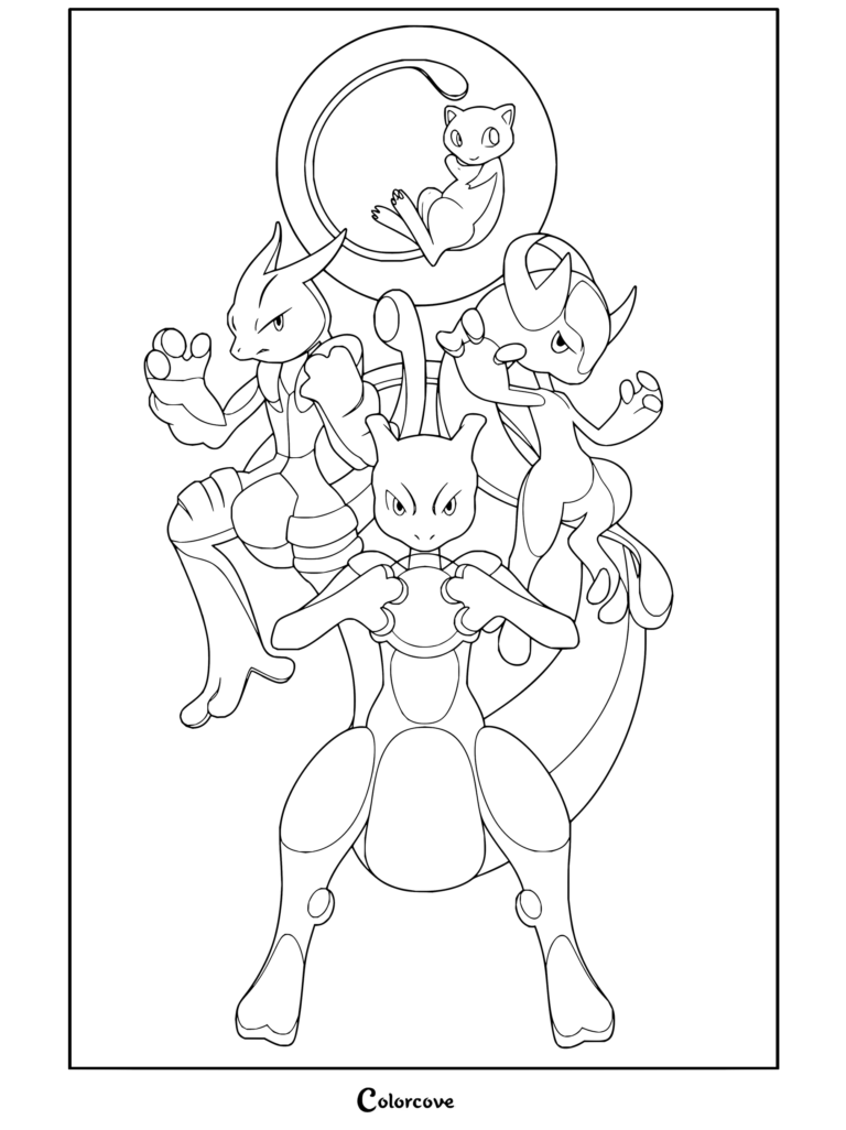 Coloriage gratuit à imprimer réunissant Mew, Mewtwo ainsi que Méga-Mewtwo X et Y dans une scène pleine d'action.