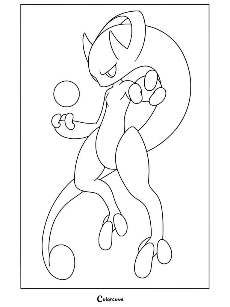 Coloriage d'action de Méga-Mewtwo Y chargeant une sphère d'énergie psychique.