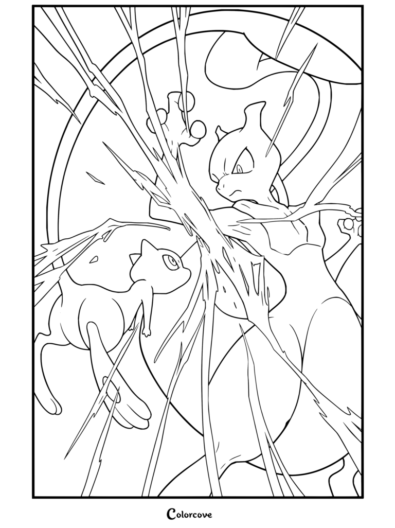 Coloriage de Mewtwo et Mew s'affrontant avec de puissantes vagues d'énergie psychique.