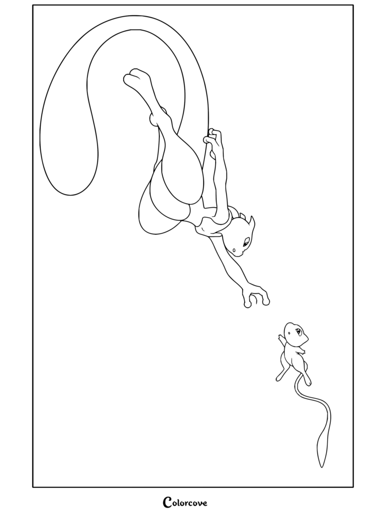 Coloriage de Mewtwo et Mew tendant la main l'un vers l'autre dans un ciel nuageux.