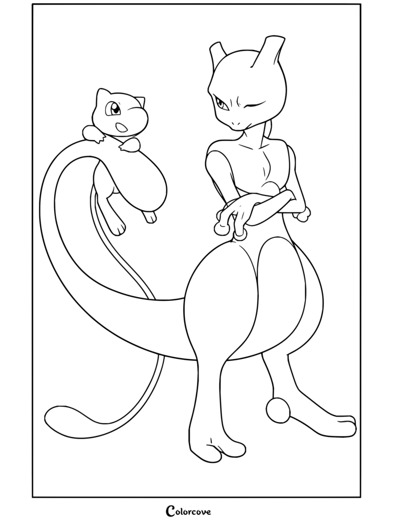 Coloriage de Mewtwo et Mew côte à côte les bras croisés, idéal pour les enfants et les fans.