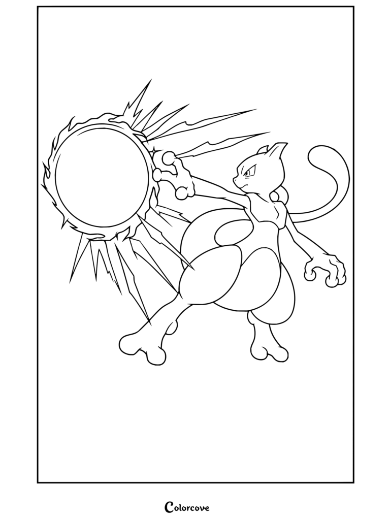 Coloriage de Mewtwo projetant une orbe d'énergie sombre lumineuse, pour enfants et fans.
