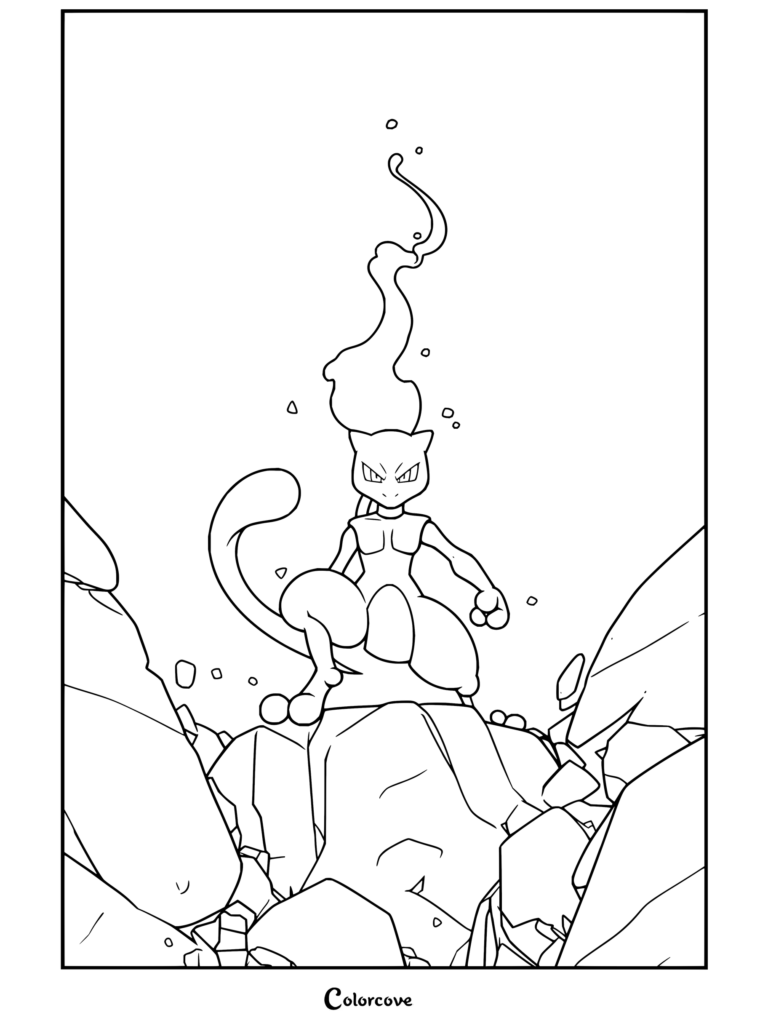 Coloriage gratuit à imprimer de Mewtwo accroupi sur des rochers, entouré d'une aura d'énergie psychique violette.