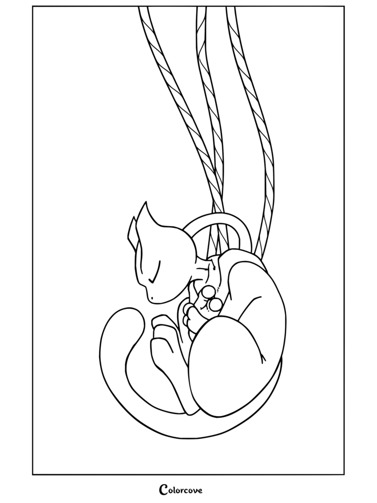 Coloriage de Mewtwo montrant le Pokémon de type Psy endormi en position fœtale dans une cuve de clonage surmontée de câbles.