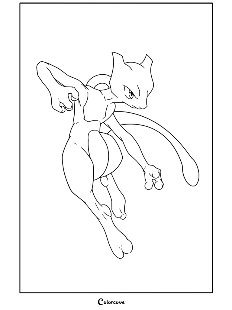 Coloriage à imprimer de Mewtwo flottant dans les airs, en posture de combat.