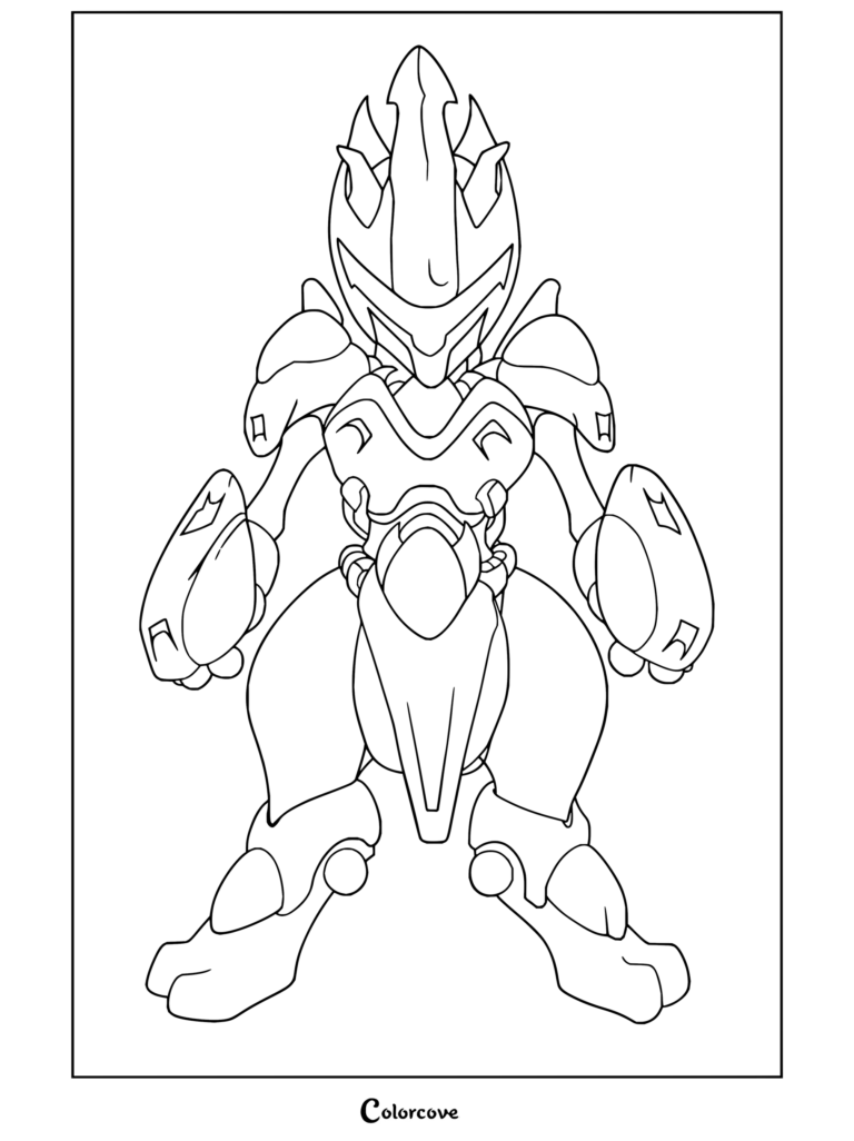 Coloriage à imprimer de Mewtwo en armure issu de Pokémon, équipé de sa lourde armure métallique.