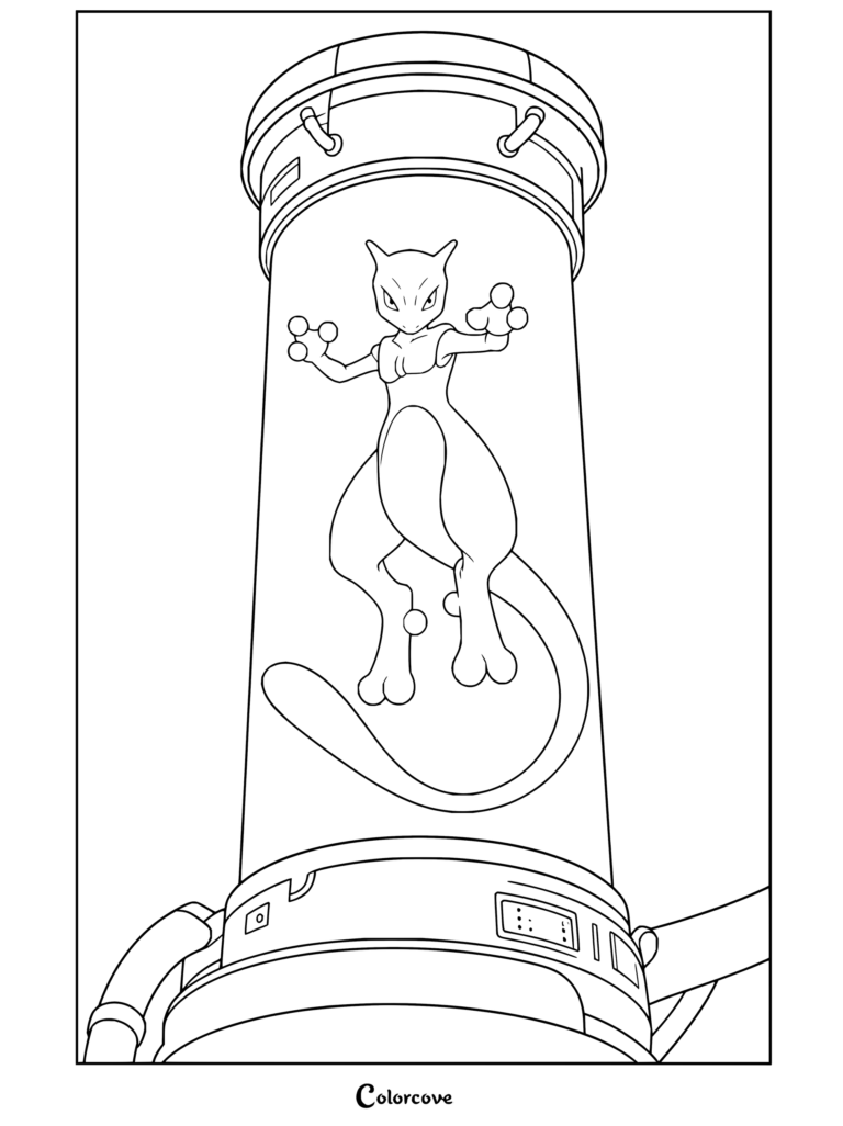 Coloriage à imprimer de Mewtwo flottant à l'intérieur d'une cuve de clonage de laboratoire remplie de liquide.