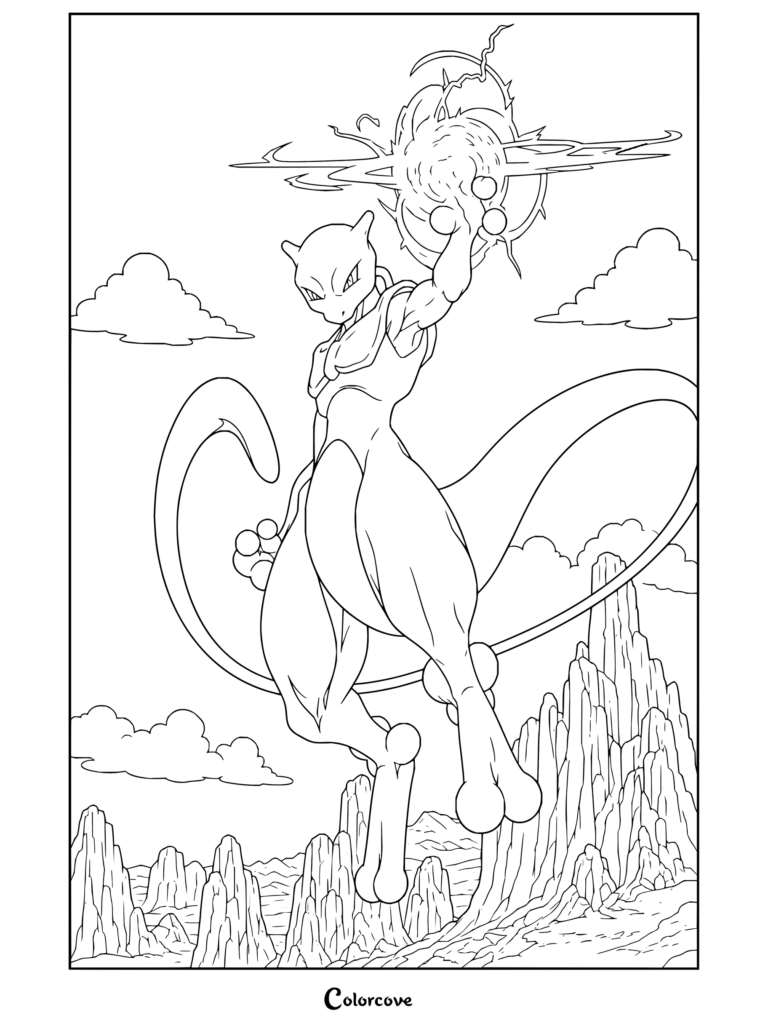 Coloriage à imprimer de Mewtwo en lévitation, chargeant une sphère d'énergie psychique au-dessus d'un canyon.