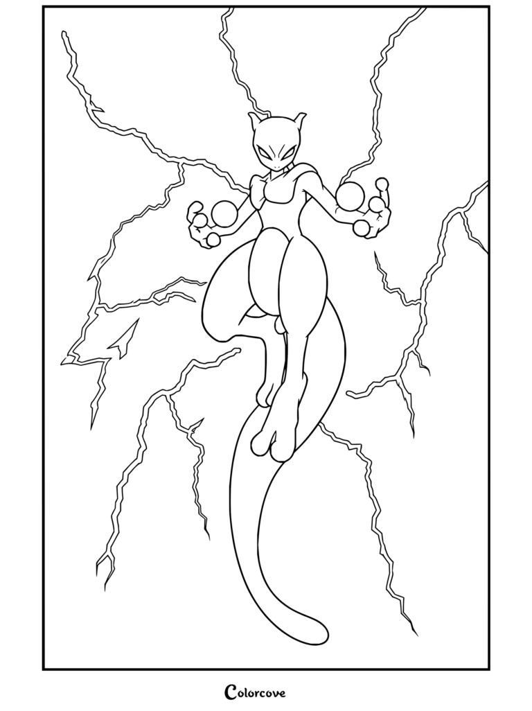 Coloriage gratuit à imprimer montrant Mewtwo en lévitation, entouré de flammes, d'éclairs et d'orbes de Ball'Ombre.