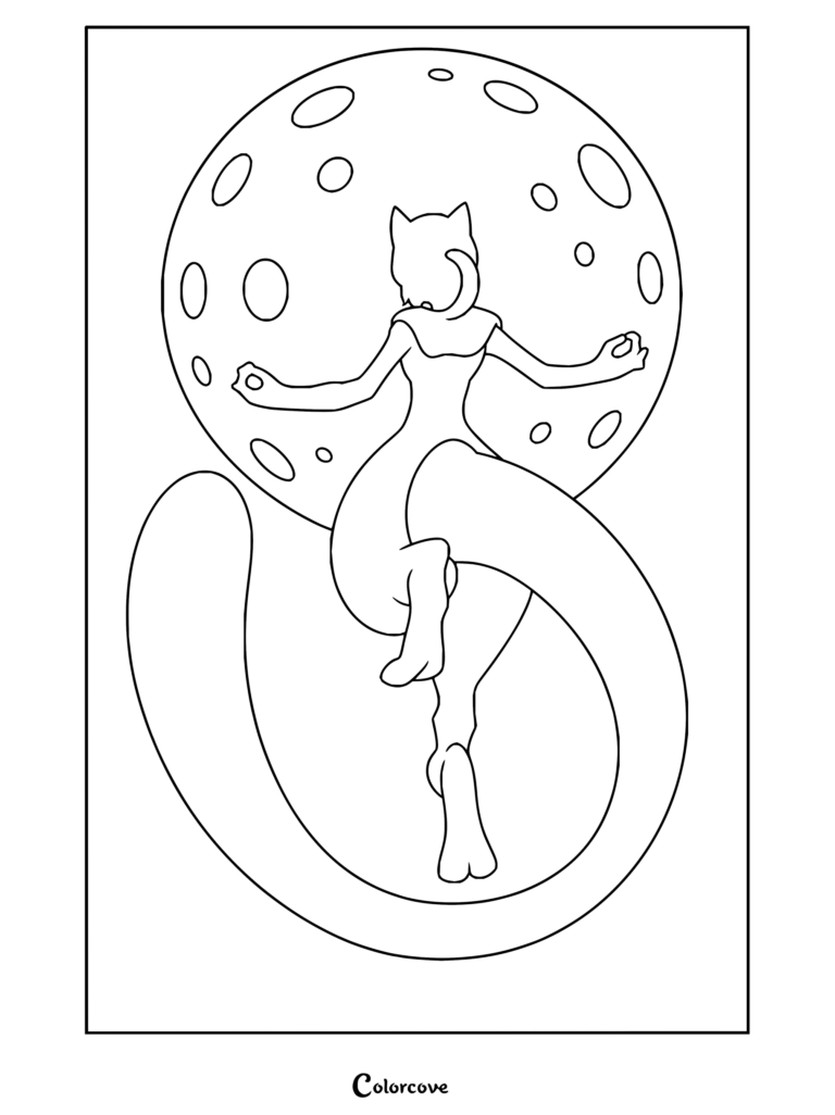 Coloriage de la silhouette de Mewtwo en méditation, flottant devant une pleine lune.