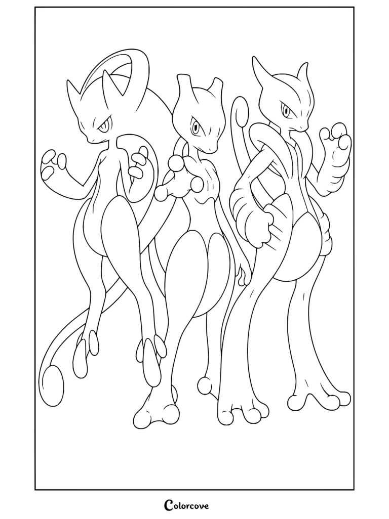 Coloriage à imprimer représentant Mewtwo sous sa forme de base, Méga-Mewtwo X et Méga-Mewtwo Y.