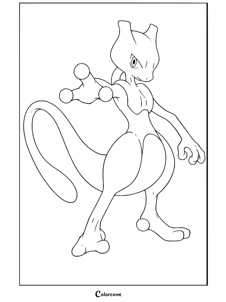 Coloriage de Mewtwo montrant le Pokémon Légendaire prêt au combat, le bras tendu et la main ouverte.