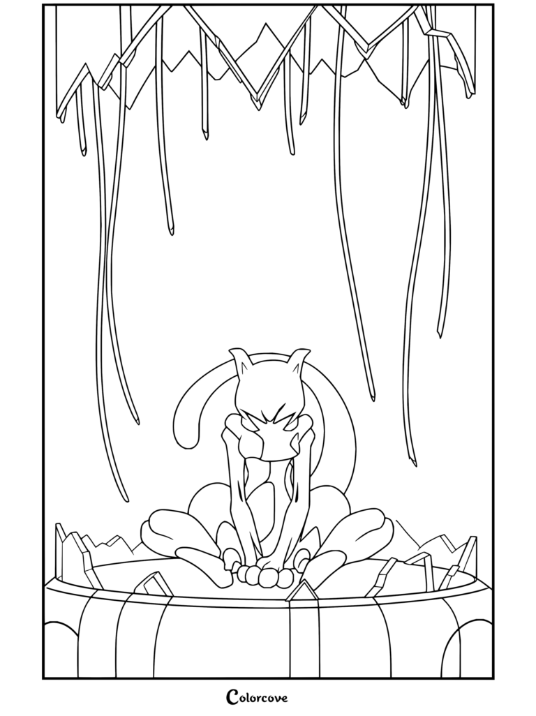 Coloriage de Mewtwo assis dans une cuve de clonage brisée d'où s'écoule du liquide.