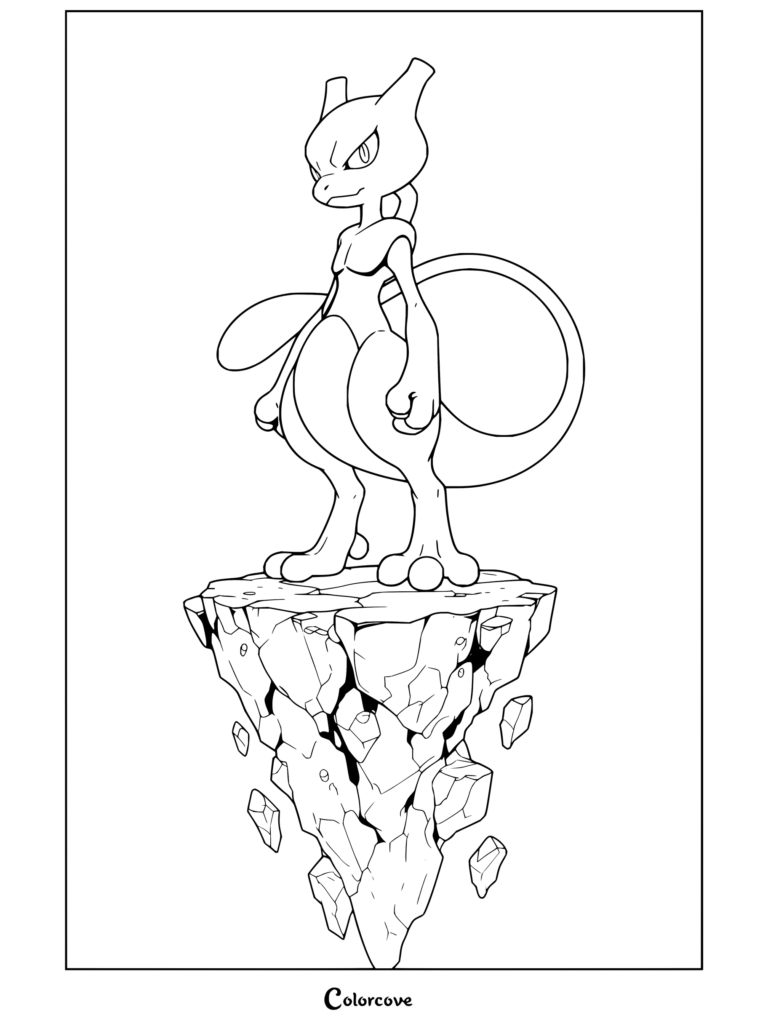 Coloriage à imprimer de Mewtwo debout sur un rocher en lévitation, enveloppé d'une aura psychique violette.