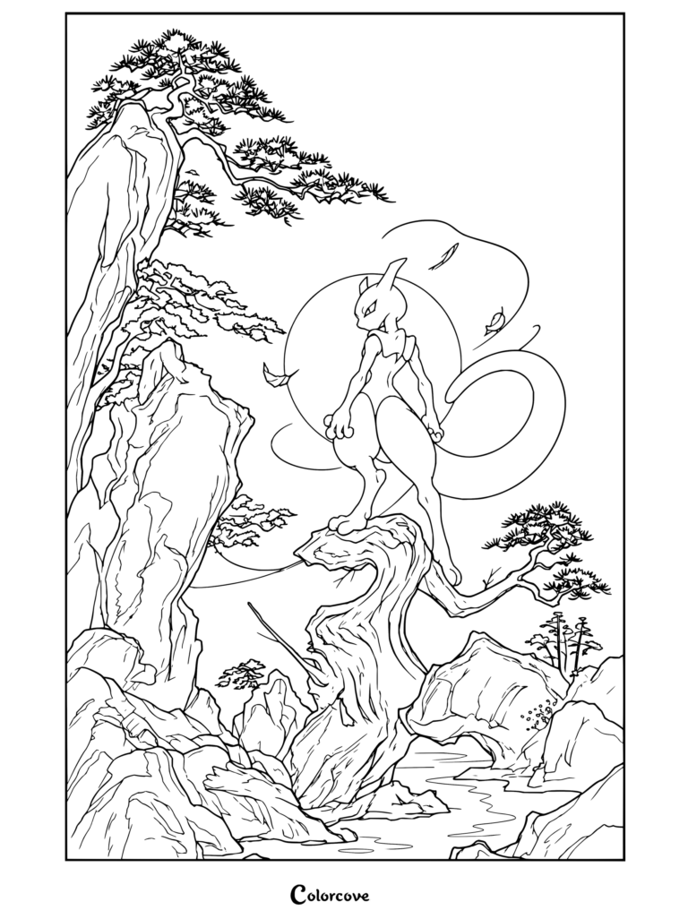 Coloriage gratuit à imprimer de Mewtwo sur un rocher au clair de lune, dans un style sumi-e japonais avec pins et falaises rocheuses.