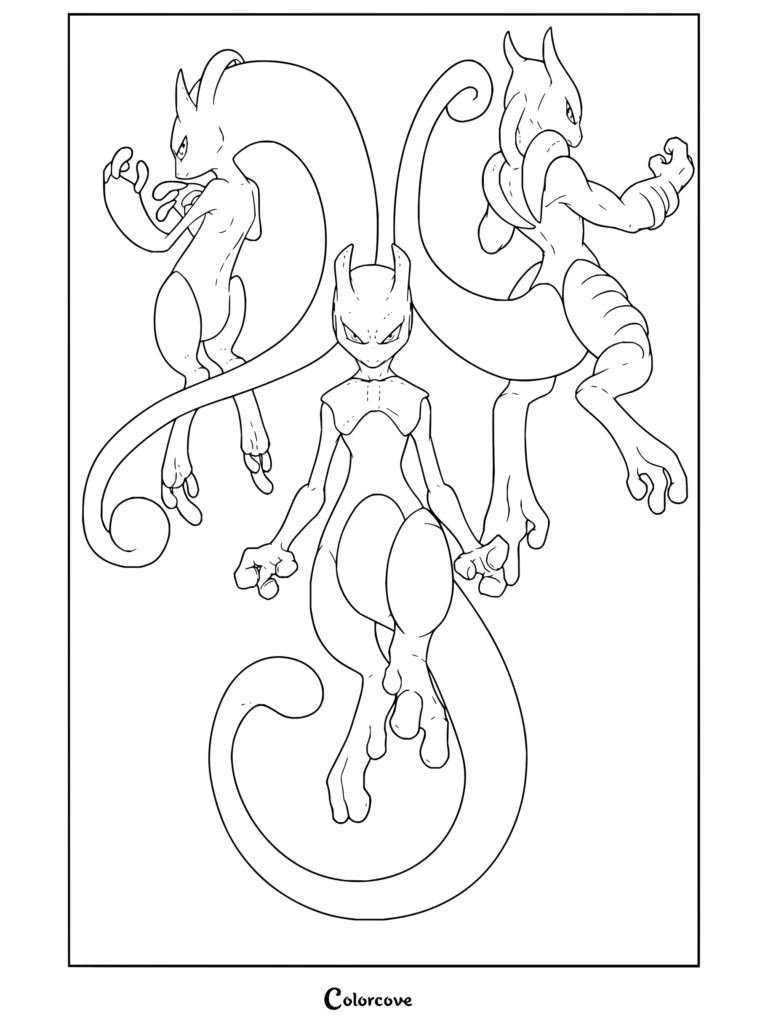 Coloriage Pokémon illustrant les trois formes de Mewtwo à travers plusieurs poses.