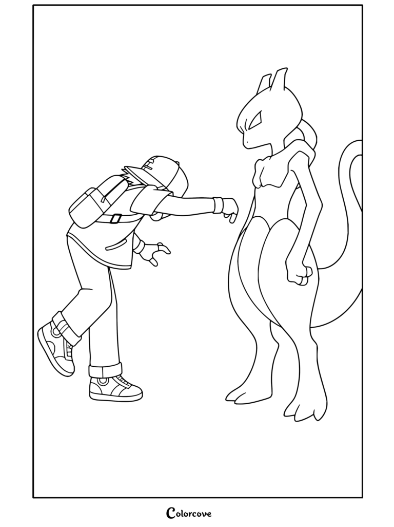 Un coloriage à imprimer de Sacha Ketchum frappant Mewtwo, entouré d'un champ d'énergie psychique.