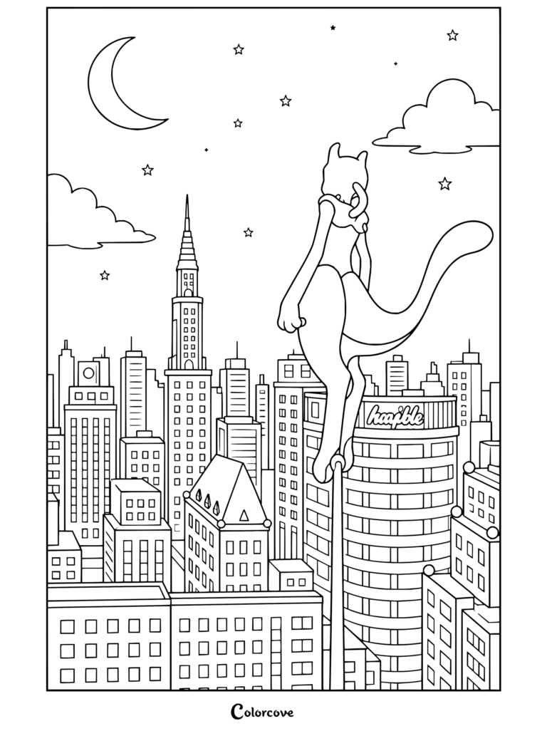 Coloriage de Mewtwo représentant le Pokémon Légendaire de type Psy perché au-dessus d'une ville nocturne détaillée, sous un croissant de lune étoilé.