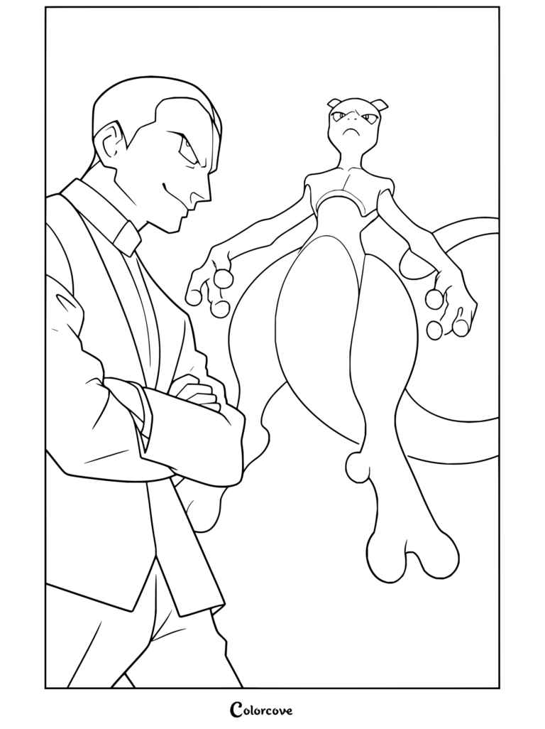 Coloriage à imprimer de Giovanni et Mewtwo contemplant la ligne d'horizon d'une ville.