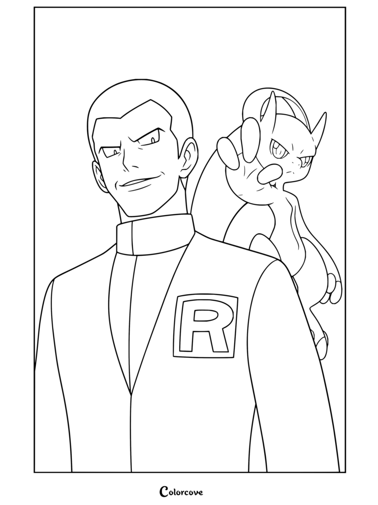 Un coloriage détaillé de Giovanni, le chef de la Team Rocket, accompagné de Méga-Mewtwo Y.
