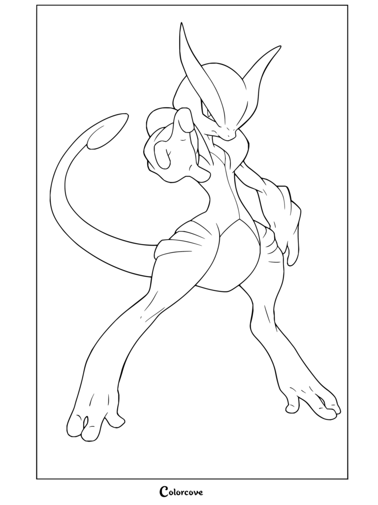 Coloriage à imprimer de Méga-Mewtwo X chargeant une attaque psychique, la main tendue en avant.