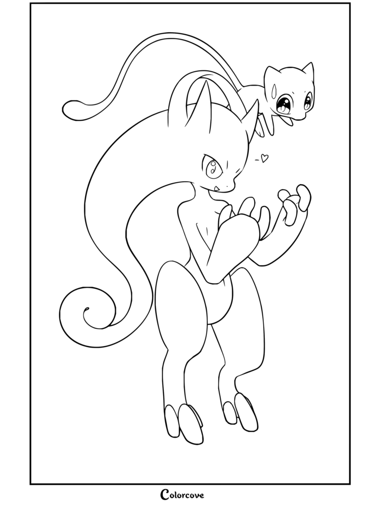 Un coloriage à imprimer représentant Méga-Mewtwo Y et Mew réunis dans une ambiance complice.