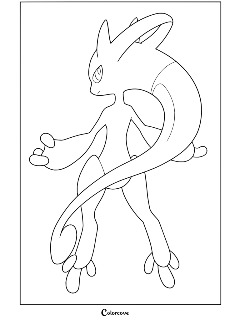 Coloriage de Méga-Mewtwo Y debout, mettant en valeur sa longue queue et ses reflets rosés.