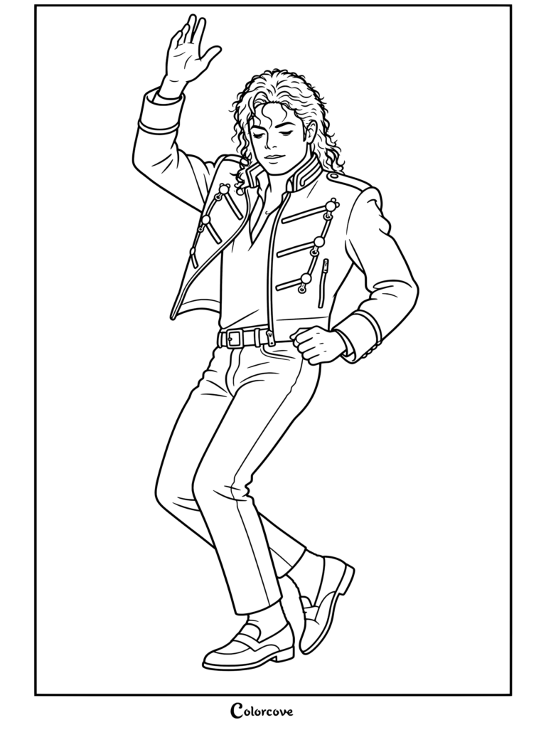 Dibujo para colorear de Michael Jackson bailando sobre el escenario con su icónica chaqueta roja y pantalones de cuero negro