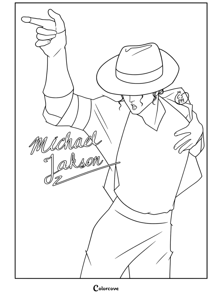 Dibujo para colorear de ilustración digital fan art de Michael Jackson actuando con sombrero fedora negro y camisa blanca con texto superpuesto